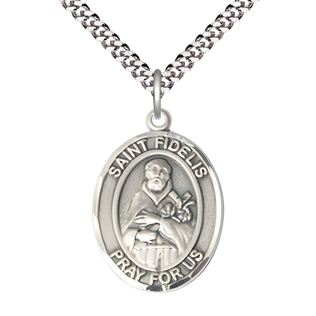 Bliss St. Fidelis of Sigmaringen Pewter Oval Medal Pendant with Rhodium-plated Chain, Measures 1-inch tall by 3/4-inch wide. Deluxe Gift Box.