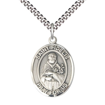 St. Fidelis of Sigmaringen Pewter Oval Medal Pendant with Rhodium-plated Chain, Measures 1-inch tall by 3/4-inch wide. Deluxe Gift Box, Bliss Manufacturing