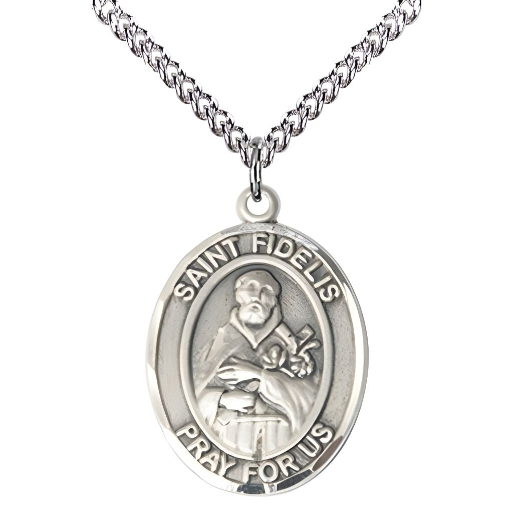 Bliss St. Fidelis of Sigmaringen Sterling Silver Oval Medal Pendant with Sterling Silver Chain, Measures 1-inch tall by 3/4-inch wide. Deluxe Gift Box.