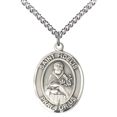 St. Fidelis of Sigmaringen Sterling Silver Oval Medal Pendant with Sterling Silver Chain, Measures 1-inch tall by 3/4-inch wide. Deluxe Gift Box, Bliss Manufacturing