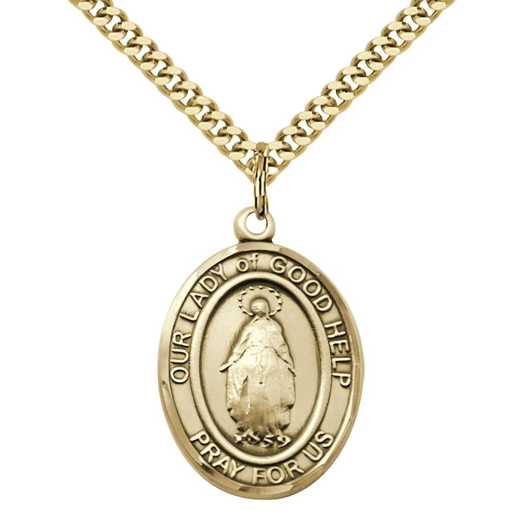 Bliss Our Lady of Good Help Gold-filled Oval Medal with Gold-plated Chain, Size 1-inch,