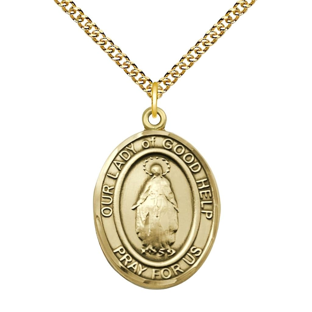 Bliss Our Lady of Good Help 14kt Gold Oval Medal with 24-inch 14kt Gold Chain, Size 1-inch,