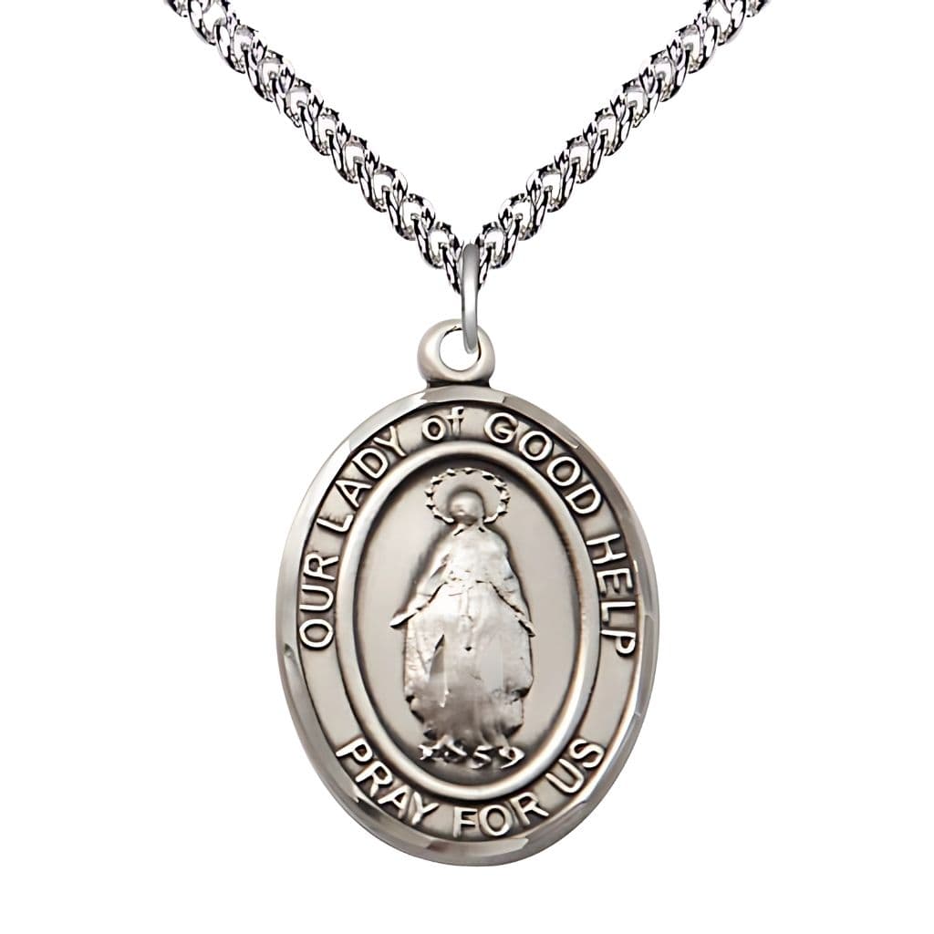 Our Lady of Good Help Sterling Silver Engravable Medal Necklace with Sterling Silver Chain, 1-inch,