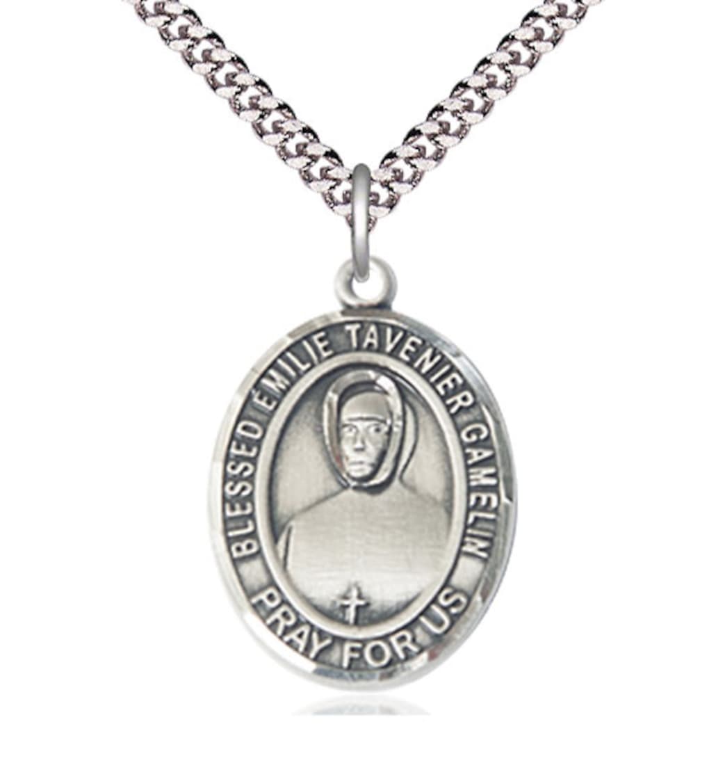 Bliss Pewter Blessed Emilie Tavernier Gamelin Pendant on a 24 inch Light Rhodium Heavy Curb Chain,