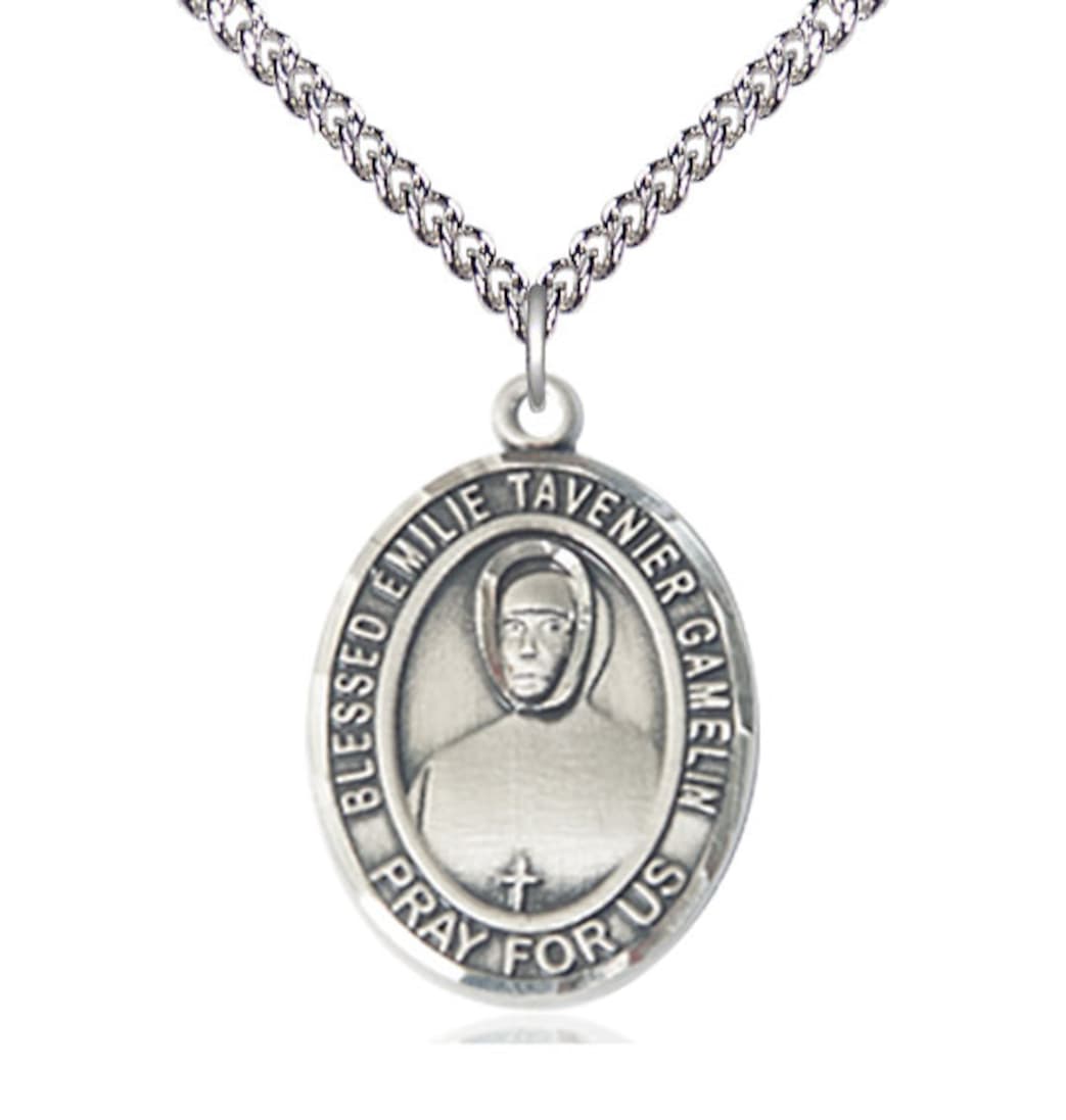 Bliss Large Sterling Silver Blessed Emilie Tavernier Gamelin Pendant on a 24 inch Sterling Silver Heavy Curb Chain,