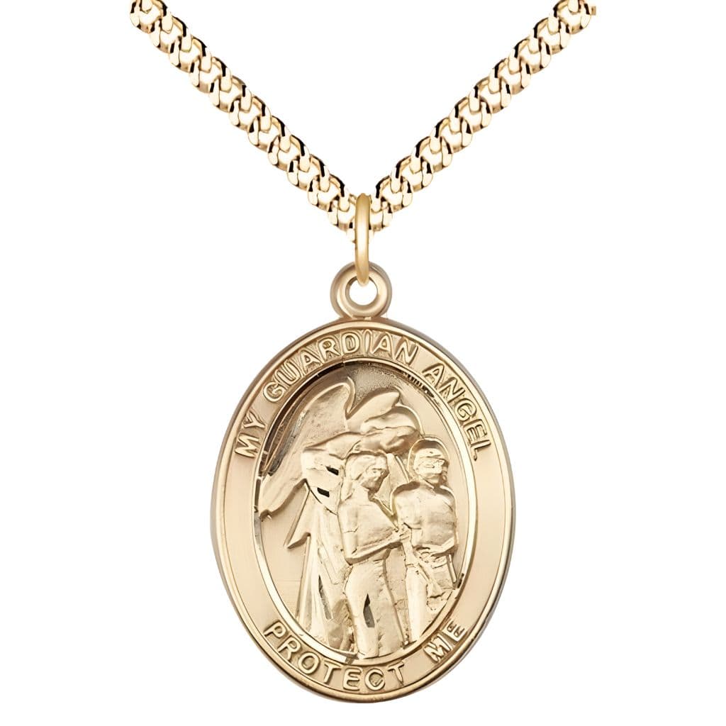 Guardian Angel with Children 14kt Gold-filled Oval Medal Pendant with Gold-plated Chain, Measures 1-inch tall by 3/4-inch wide. Deluxe Gift Box, Bliss Manufacturing