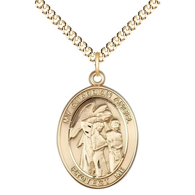 Guardian Angel with Children 14kt Gold-filled Oval Medal Pendant with Gold-plated Chain, Measures 1-inch tall by 3/4-inch wide. Deluxe Gift Box, Bliss Manufacturing