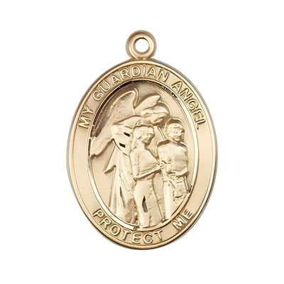 Guardian Angel with Children 14kt Gold Oval Medal Pendant, Measures 1-inch tall by 3/4-inch wide. Deluxe Gift Box, Bliss Manufacturing