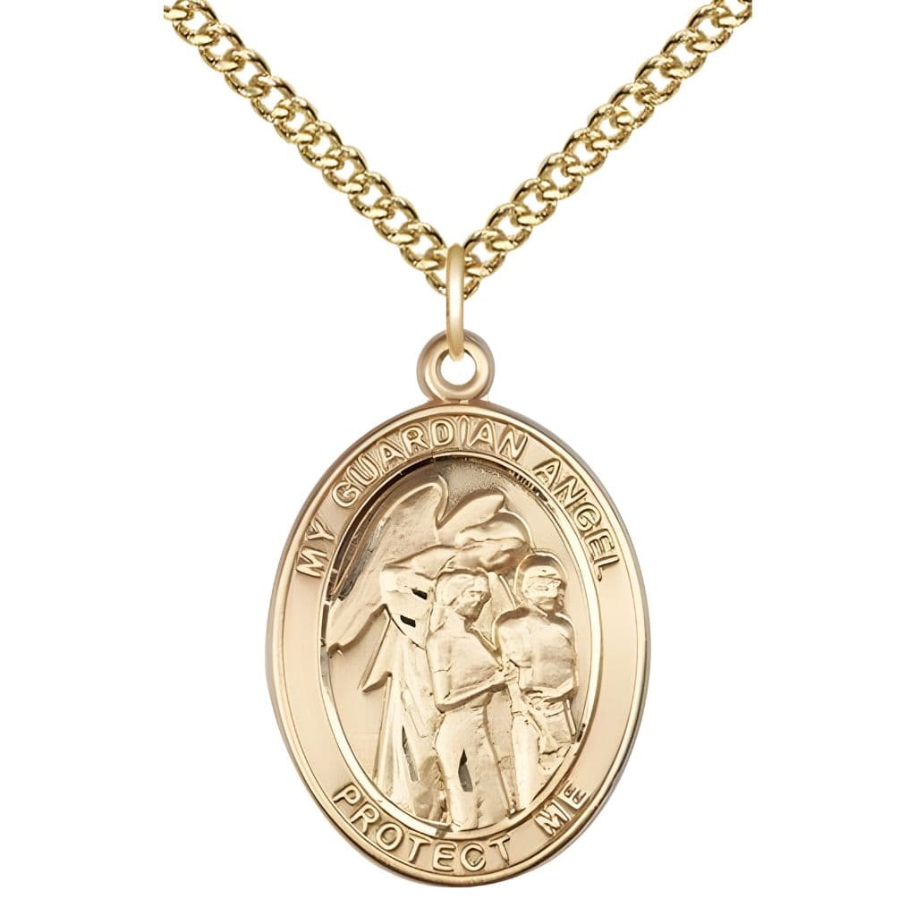 Bliss Guardian Angel with Children 14kt Gold Oval Medal Pendant with 14kt Gold Chain, Measures 1-inch tall by 3/4-inch wide. Deluxe Gift Box.