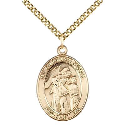 Guardian Angel with Children 14kt Gold Oval Medal Pendant with 14kt Gold Chain, Measures 1-inch tall by 3/4-inch wide. Deluxe Gift Box, Bliss Manufacturing