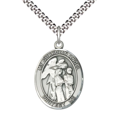 Guardian Angel with Children Sterling Silver Oval Medal Pendant with Rhodium-plated Chain, Measures 1-inch tall by 3/4-inch wide. Deluxe Gift Box, Bliss Manufacturing