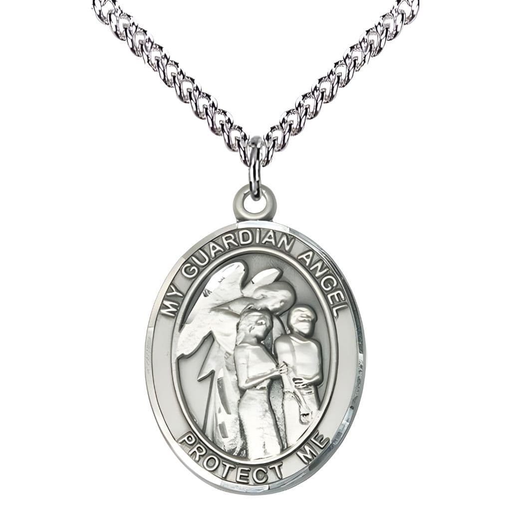 Guardian Angel with Children Sterling Silver Oval Medal Pendant with Sterling Silver Chain, Measures 1-inch tall by 3/4-inch wide. Deluxe Gift Box, Bliss Manufacturing