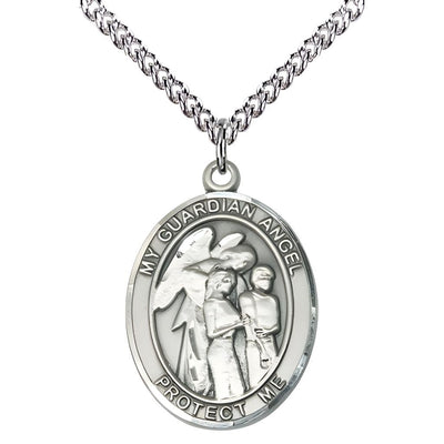 Guardian Angel with Children Sterling Silver Oval Medal Pendant with Sterling Silver Chain, Measures 1-inch tall by 3/4-inch wide. Deluxe Gift Box, Bliss Manufacturing