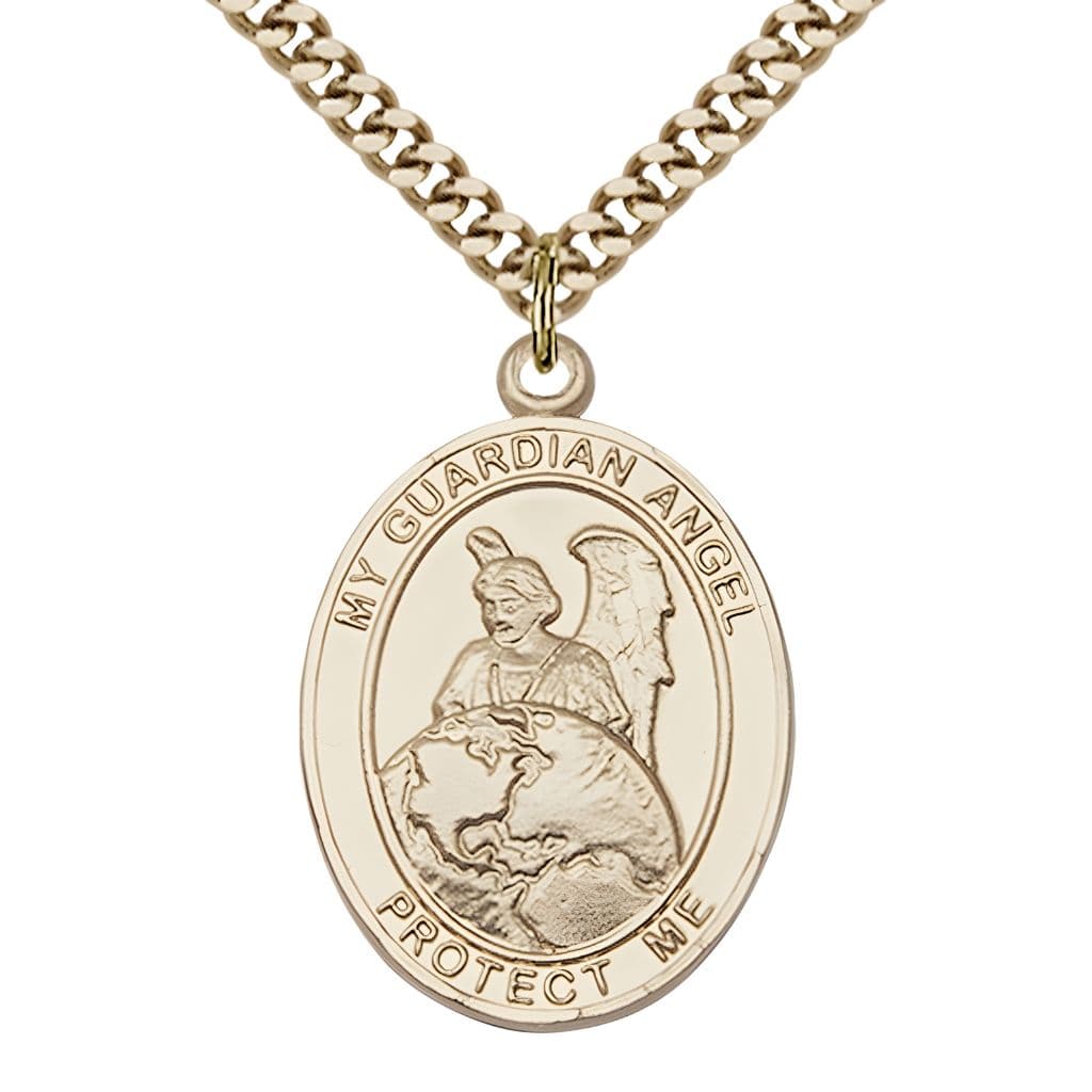 Bliss Guardian Angel Protector 14kt Gold-filled Oval Medal Pendant with Gold-plated Chain, Measures 1-inch tall by 3/4-inch wide. Deluxe Gift Box.