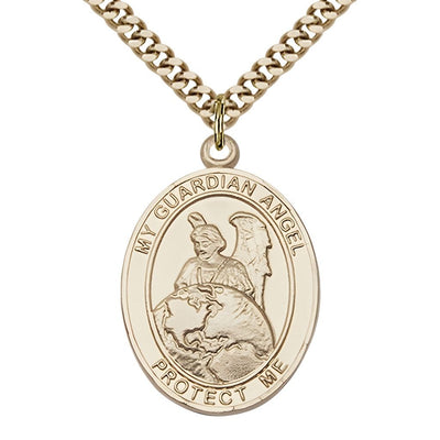 Guardian Angel Protector 14kt Gold-filled Oval Medal Pendant with Gold-plated Chain, Measures 1-inch tall by 3/4-inch wide. Deluxe Gift Box, Bliss Manufacturing