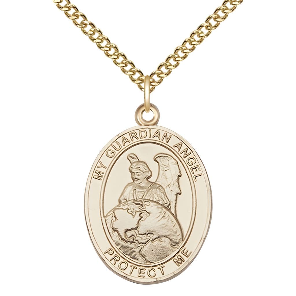 Bliss Guardian Angel Protector 14kt Gold-filled Oval Medal Pendant with Gold-filled Chain, Measures 1-inch tall by 3/4-inch wide. Deluxe Gift Box.