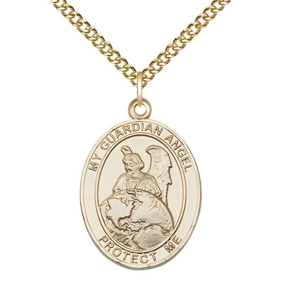 Guardian Angel of the World 14kt Gold Oval Medal Pendant with 14kt Gold Chain, Measures 1-inch tall by 3/4-inch wide. Deluxe Gift Box, Bliss Manufacturing