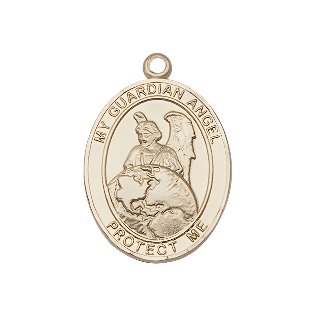 Guardian Angel of the World 14kt Gold Oval Medal Pendant, Measures 1-inch tall by 3/4-inch wide. Deluxe Gift Box, Bliss Manufacturing