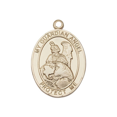 Guardian Angel of the World 14kt Gold Oval Medal Pendant, Measures 1-inch tall by 3/4-inch wide. Deluxe Gift Box, Bliss Manufacturing