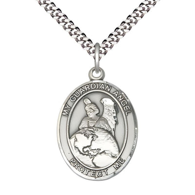Guardian Angel Protector Pewter Oval Medal Pendant with Rhodium-plated Chain, Measures 1-inch tall by 3/4-inch wide. Deluxe Gift Box, Bliss Manufacturing
