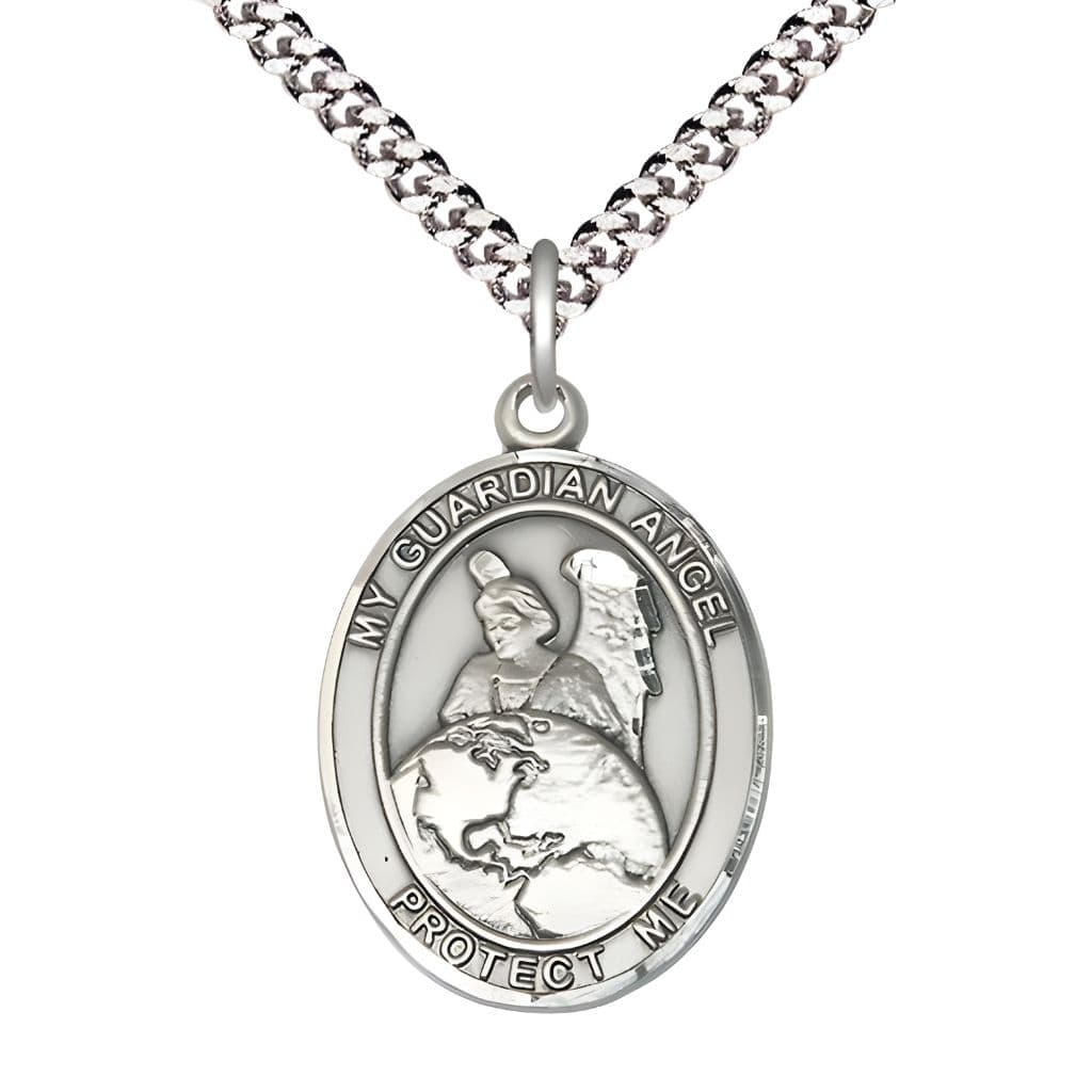 Bliss Guardian Angel Protector Sterling Silver Oval Medal Pendant with Rhodium-plated Chain, Measures 1-inch tall by 3/4-inch wide. Deluxe Gift Box.
