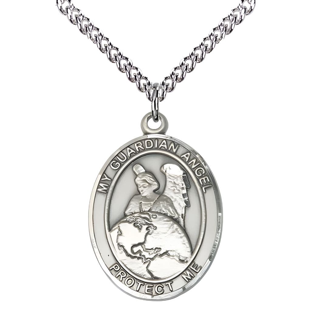 Bliss Guardian Angel Protector Sterling Silver Oval Medal Pendant with Sterling Chain, Measures 1-inch tall by 3/4-inch wide. Deluxe Gift Box.