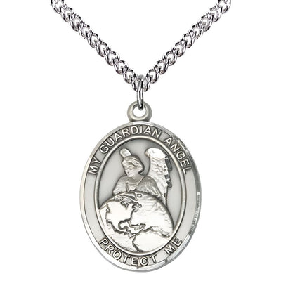 Guardian Angel Protector Sterling Silver Oval Medal Pendant with Sterling Chain, Measures 1-inch tall by 3/4-inch wide. Deluxe Gift Box, Bliss Manufacturing