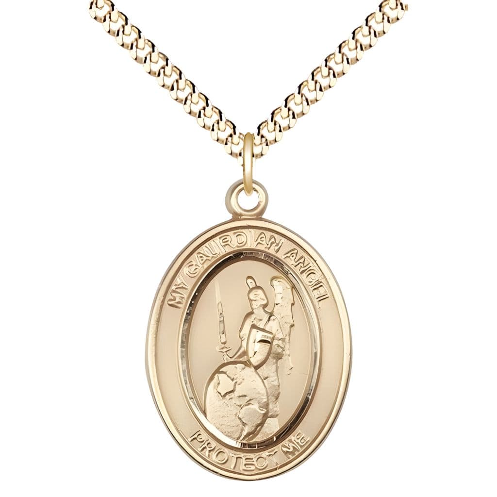Bliss Guardian Angel of the World 14kt Gold-filled Oval Medal Pendant with Gold-plated Chain, Measures 1-inch tall by 3/4-inch wide. Deluxe Gift Box.