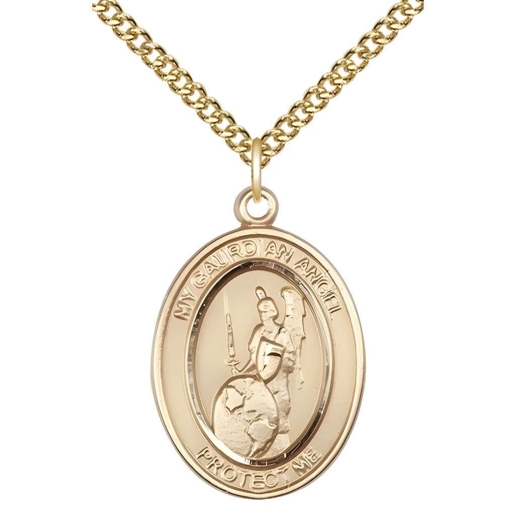 Bliss Guardian Angel of the World 14kt Gold-filled Oval Medal Pendant with Gold-filled Chain, Measures 1-inch tall by 3/4-inch wide. Deluxe Gift Box.