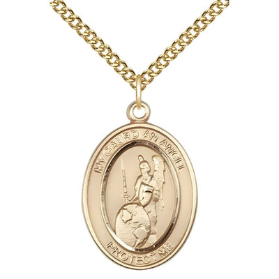 Guardian Angel of the World 14kt Gold-filled Oval Medal Pendant with Gold-filled Chain, Measures 1-inch tall by 3/4-inch wide. Deluxe Gift Box, Bliss Manufacturing