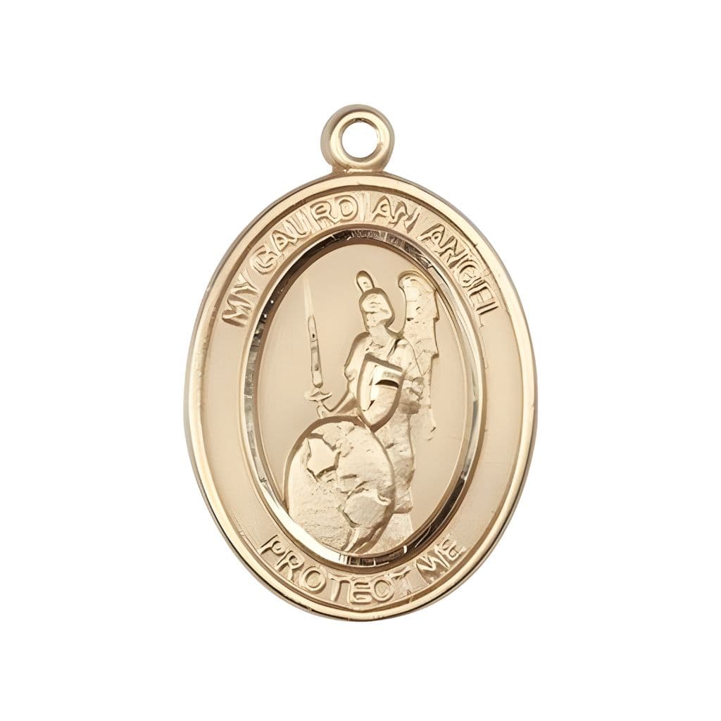 Guardian Angel of the World 14kt Gold Oval Medal Pendant, Measures 1-inch tall by 3/4-inch wide. Deluxe Gift Box, Bliss Manufacturing