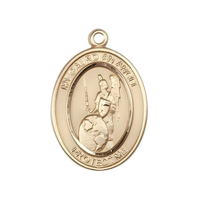 Guardian Angel of the World 14kt Gold Oval Medal Pendant, Measures 1-inch tall by 3/4-inch wide. Deluxe Gift Box, Bliss Manufacturing