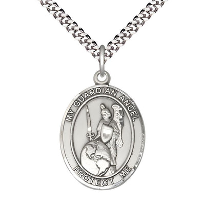Guardian Angel of the World Pewter Oval Medal Pendant with Rhodium-plated Chain, Measures 1-inch tall by 3/4-inch wide. Deluxe Gift Box, Bliss Manufacturing