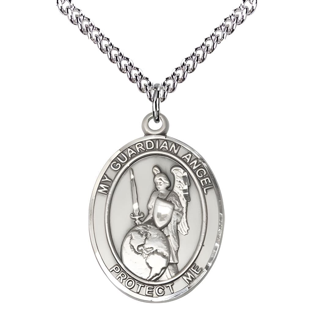 Bliss Guardian Angel of the World Sterling Silver Oval Medal Pendant with Sterling Silver Chain, Measures 1-inch tall by 3/4-inch wide. Deluxe Gift Box.