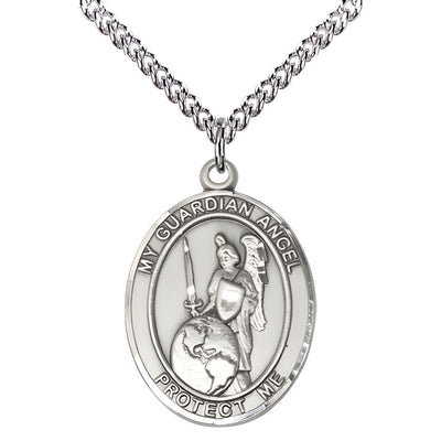Guardian Angel of the World Sterling Silver Oval Medal Pendant with Sterling Silver Chain, Measures 1-inch tall by 3/4-inch wide. Deluxe Gift Box, Bliss Manufacturing