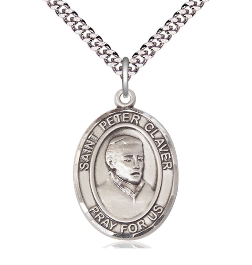 Bliss St Peter Claver Pewter Oval Engravable Large Medal Necklace with Chain,