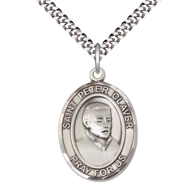 Large Saint Peter Claver Pewter Oval Medal Pendant with Rhodium-plated Chain with Deluxe Gift Box | Bliss Manufacturing