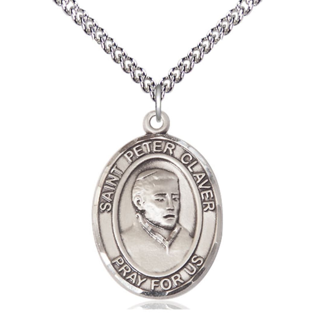 Bliss St Peter Claver Sterling Silver Oval Large Medal Necklace with Sterling Silver  Chain,