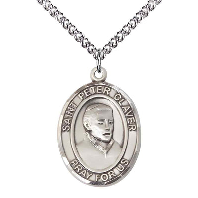Large Saint Peter Claver Sterling Silver Oval Medal Pendant with Sterling Silver Chain with Deluxe Gift Box | Bliss Manufacturing