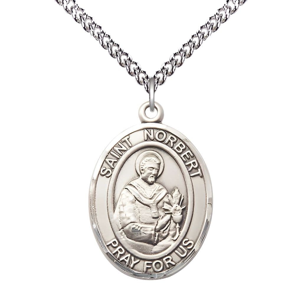 St. Norbert of Xanten Sterling Silver Oval Engravable Medal Necklace with Sterling Chain, 1-inch,