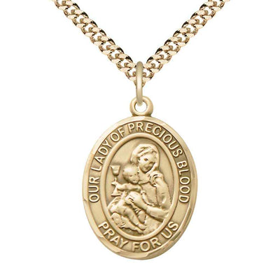 Large Our Lady of the Precious Blood 14kt Gold-filled Oval Medal Pendant with Gold-plated Chain, Deluxe Gift Box.