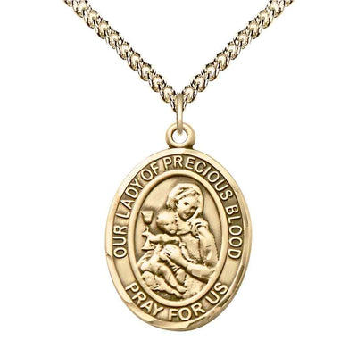 Large Our Lady of the Precious Blood 14kt Gold-filled Oval Medal Pendant with Gold-filled Chain, Deluxe Gift Box.