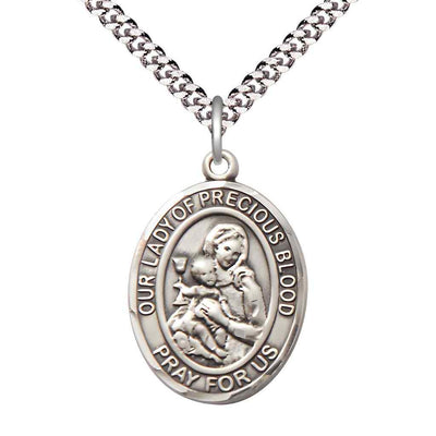 Large Our Lady of the Precious Blood Sterling Silver Oval Medal Pendant with Rhodium-plated Chain, Deluxe Gift Box.