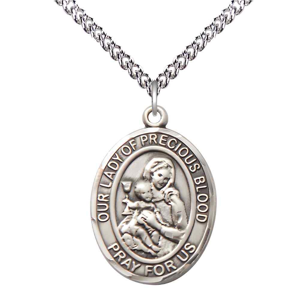 Large Our Lady of the Precious Blood Sterling Silver Oval Medal Pendant with Sterling Silver Chain, Deluxe Gift Box.