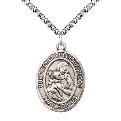 Large Our Lady of the Precious Blood Sterling Silver Oval Medal Pendant with Sterling Silver Chain, Deluxe Gift Box.