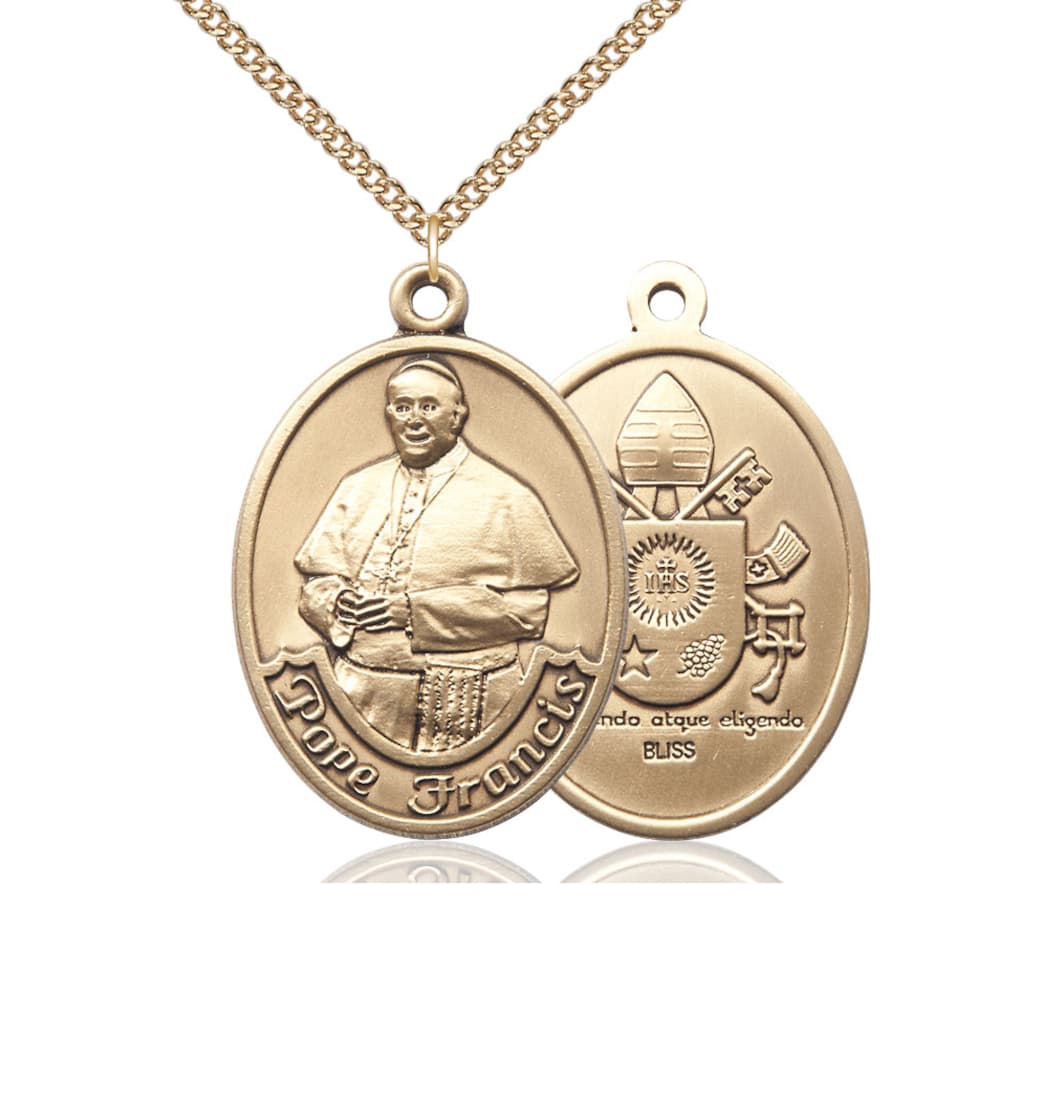 Bliss Manufacturing Pope Francis 14kt Gold Oval Large Medal Pendant with 14kt Chain,