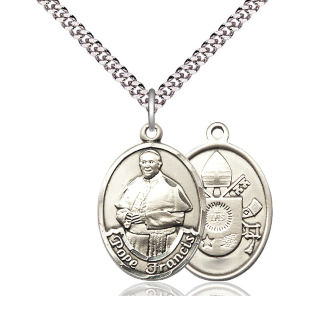 Bliss Pope Francis Pewter Oval Large Medal Necklace with Chain,Gift Box,