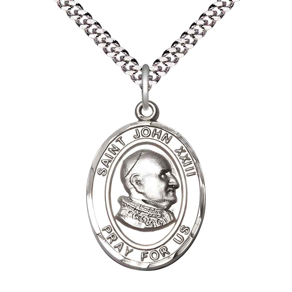 Large Saint John XXIII Sterling Silver Oval Medal Pendant with 24" Rhodium-plated Curb Chain with Deluxe Gift Box | Bliss Manufacturing