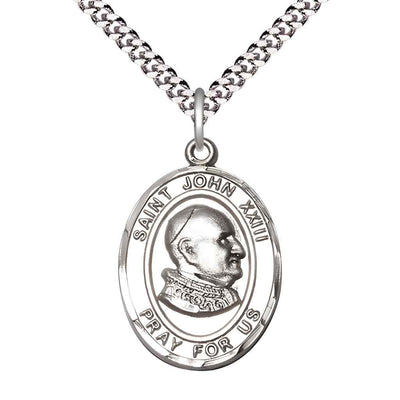 Large Saint John XXIII Sterling Silver Oval Medal Pendant with 24" Rhodium-plated Curb Chain with Deluxe Gift Box | Bliss Manufacturing