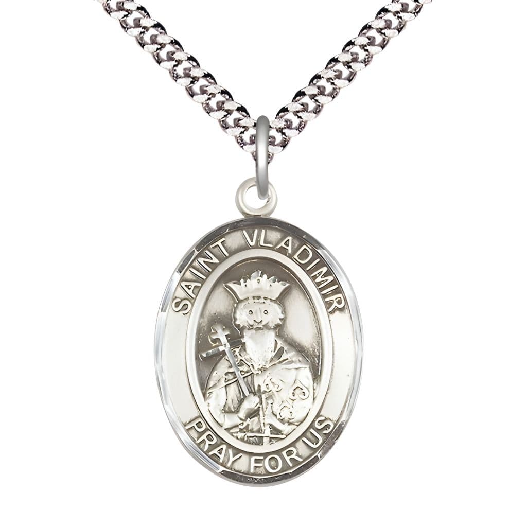 Bliss St. Vladimir Sterling Silver Oval Medal Pendant with Rhodium-plated Chain, Measures 1-inch tall by 3/4-inch wide.